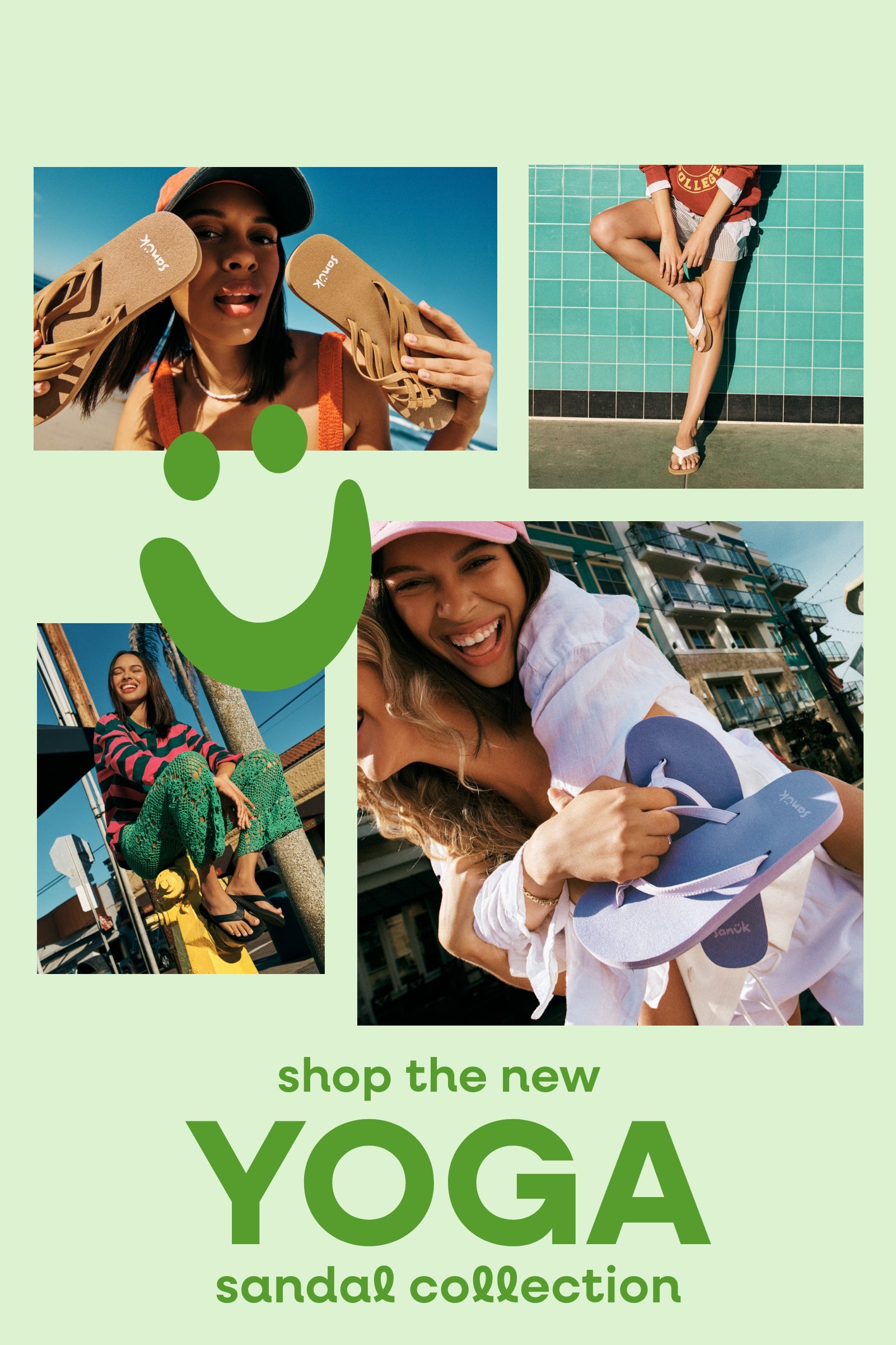 "Promotional banner featuring smiling models wearing yoga sandals, with text reading 'Shop the new Yoga sandal collection. Comfiest footbeds crafted from real yoga materials.' and buttons for 'Shop Women's' and 'Shop Men's.'"